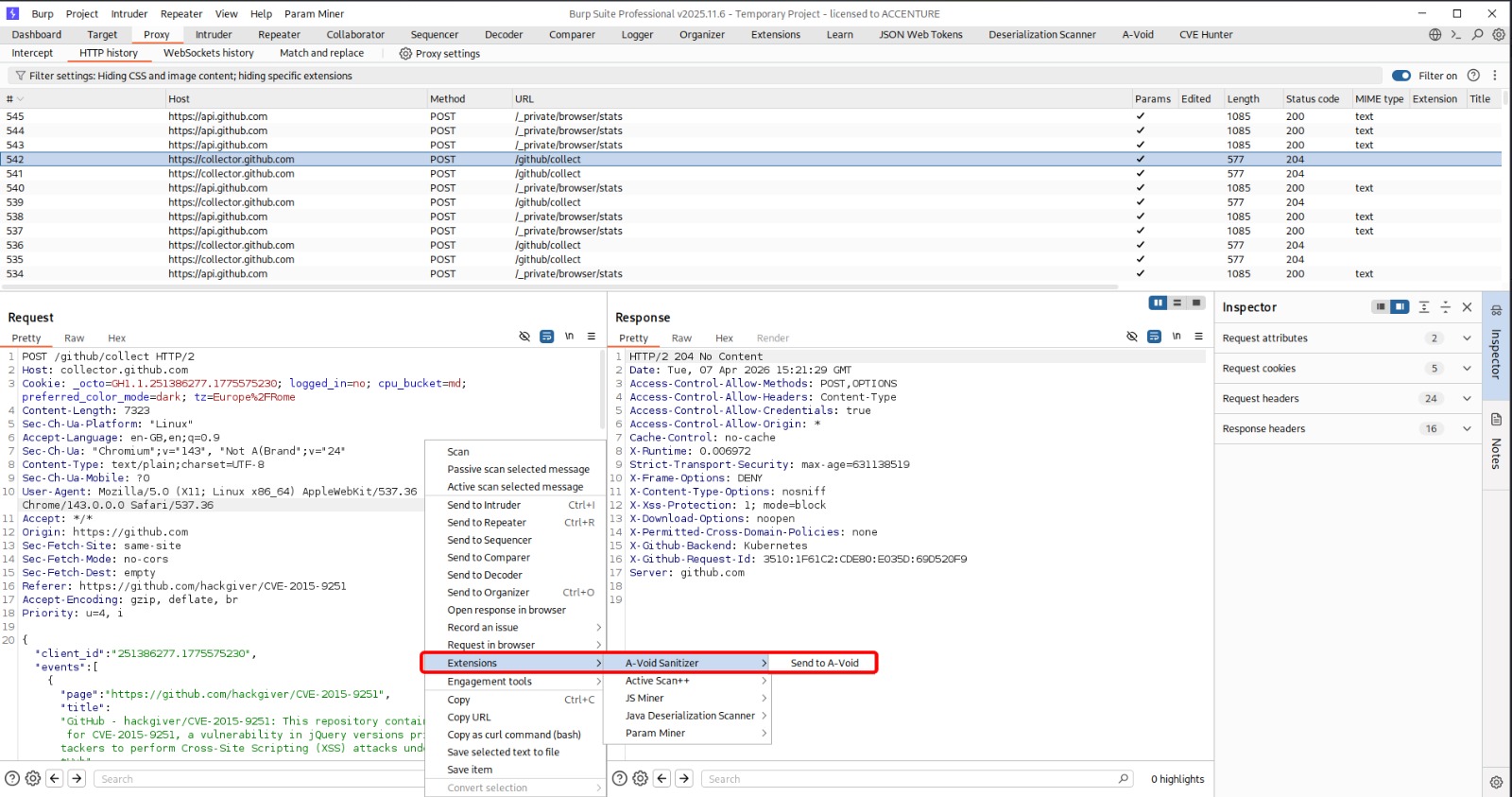 A-Void sanitizer — HTTP tab with raw and sanitized views