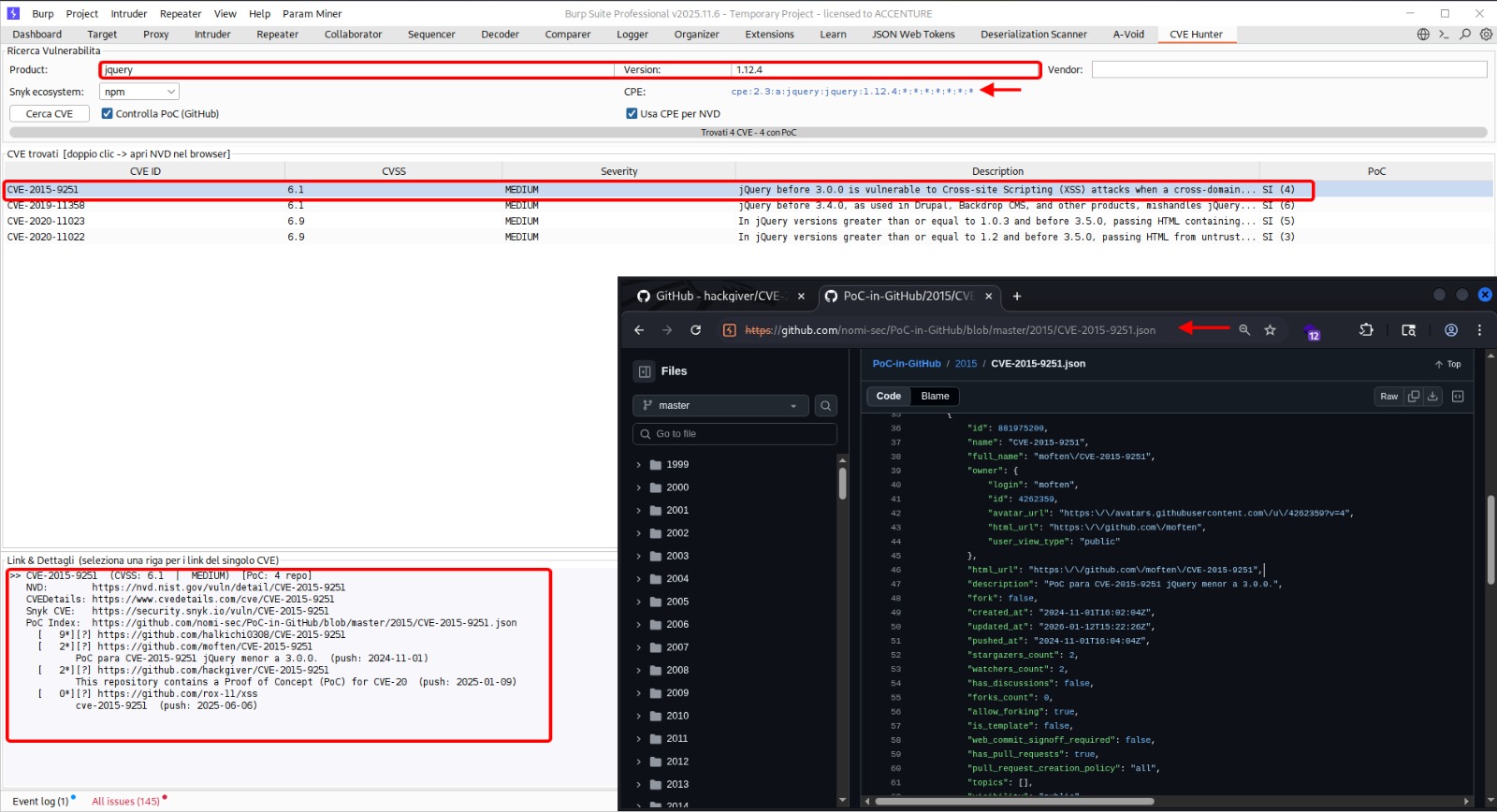 CVE-Hunter — search results with CVE table and detail pane