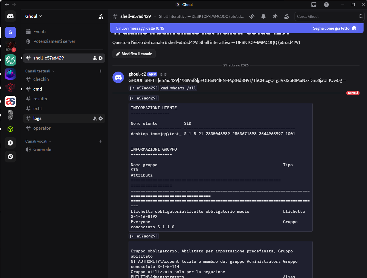 GHOUL C2 — Discord shell channel with AD enumeration output