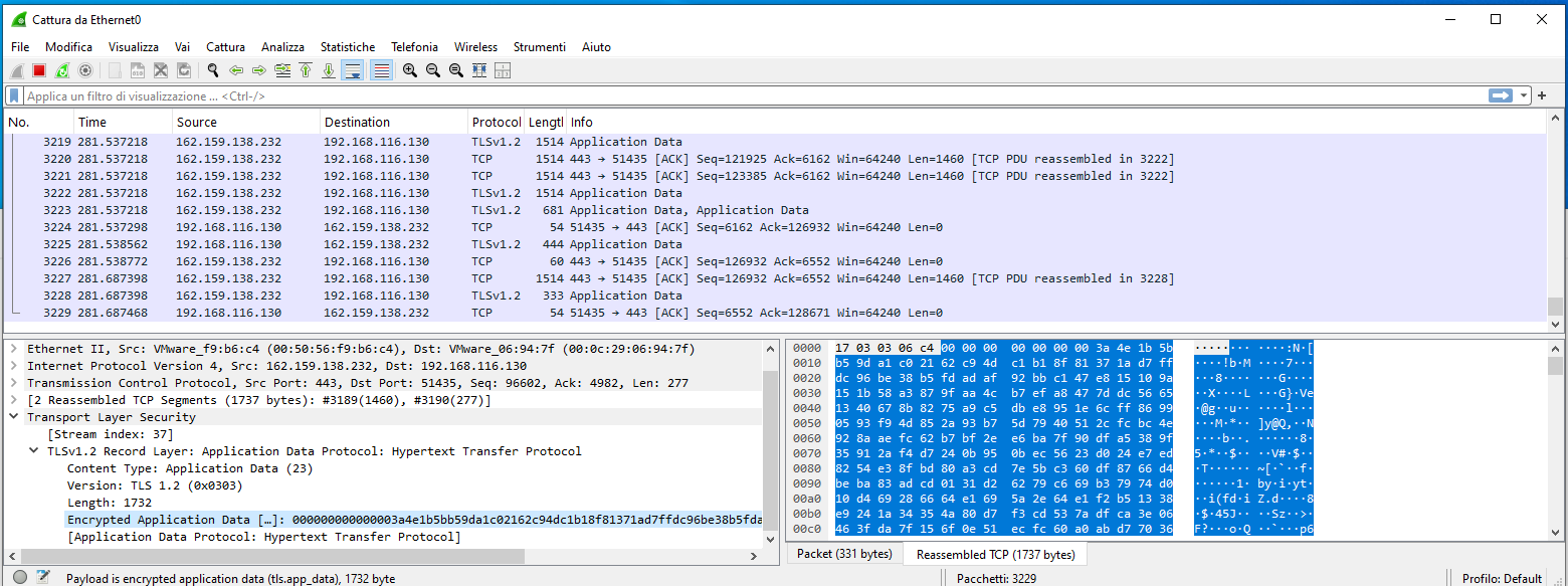 Wireshark capture — GHOUL C2 traffic over TLS 1.2 port 443