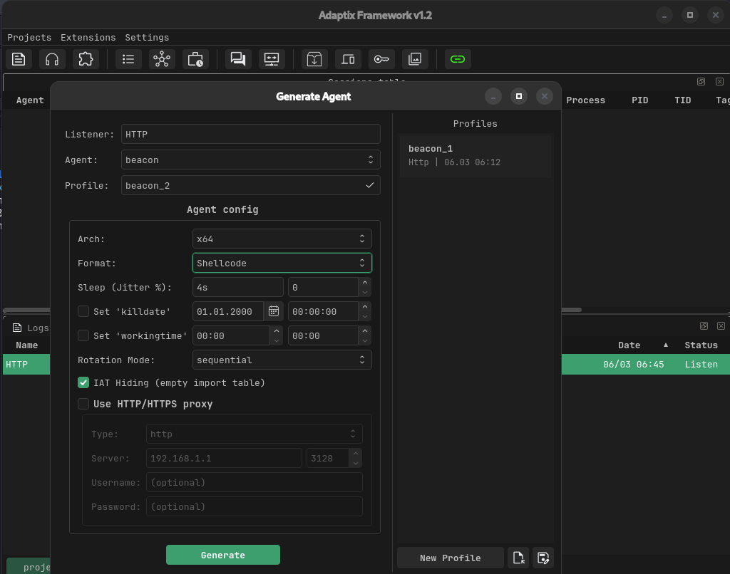 Adaptix C2 agent generation settings