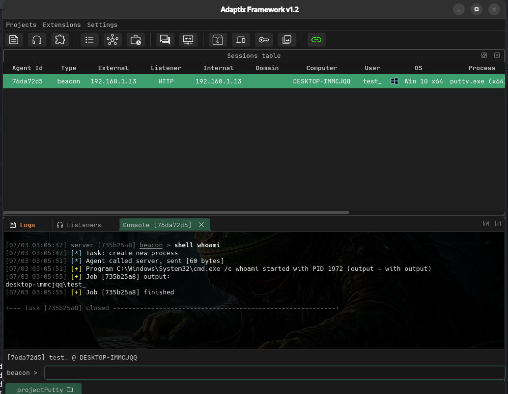 Adaptix beacon connecting — agent online