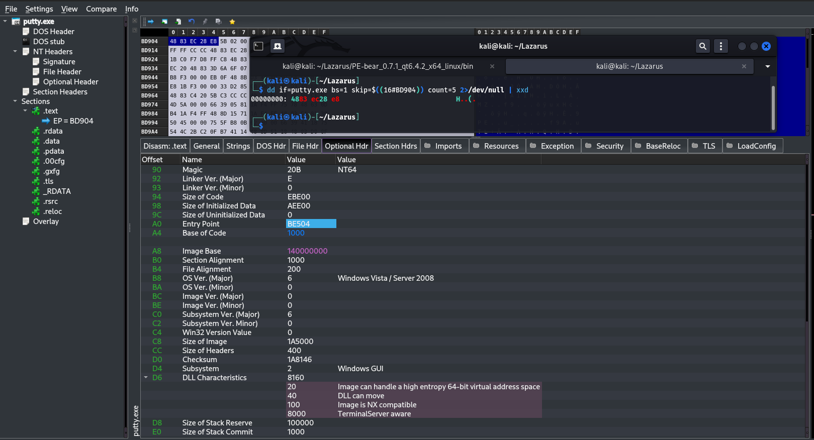 Entry point bytes read with dd/xxd