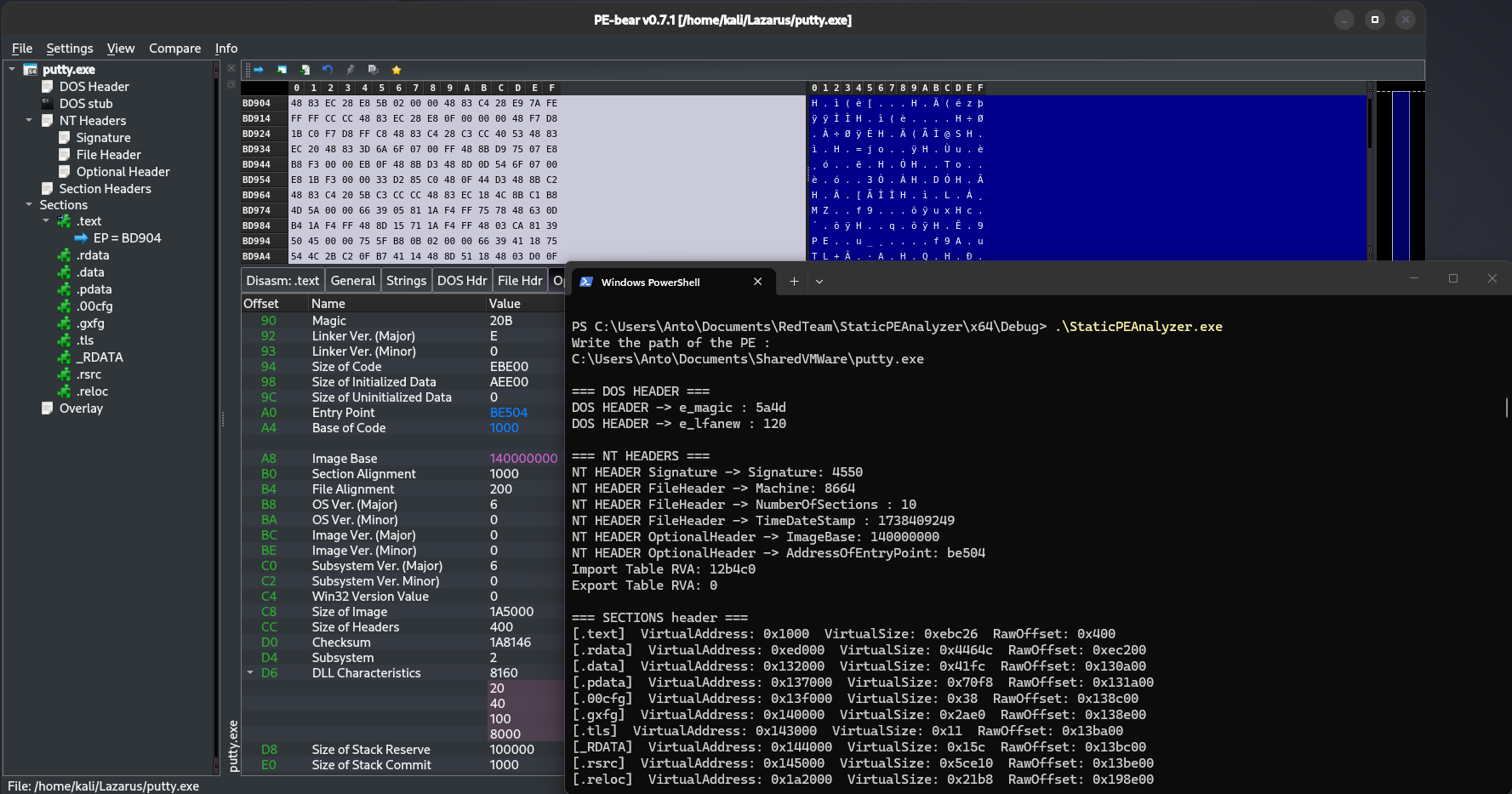 PuTTY loaded in PE-bear — section overview