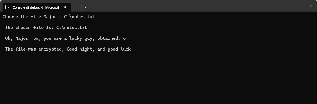 Tool output — chamber selected, file encrypted