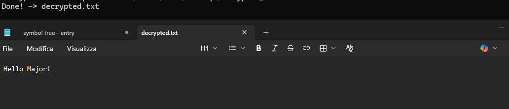 Decrypted output — Hello Major!
