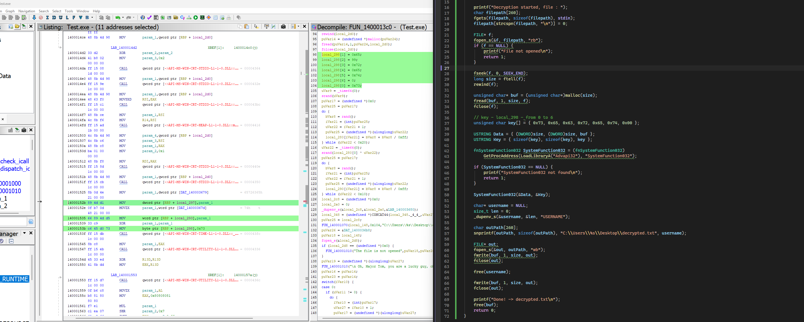 Ghidra full view — decompiler and listing side by side