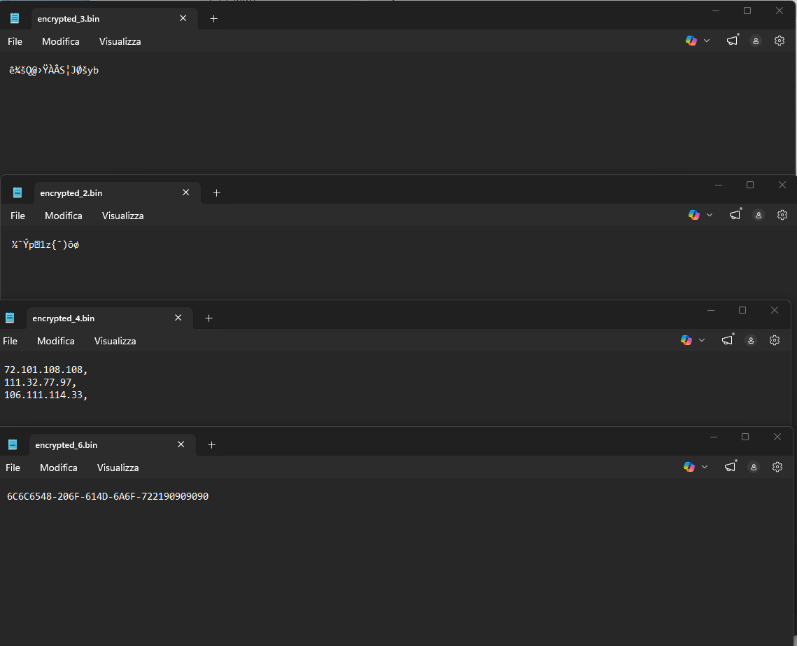 Encrypted outputs — binary blobs, IPv4 lists, UUIDs