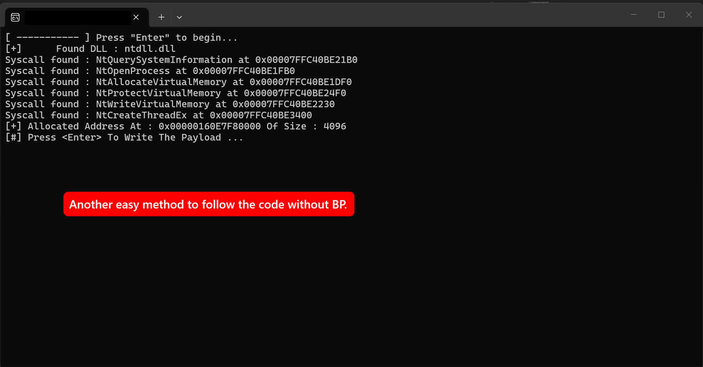 Code-based debugging: getchar() pauses let you inspect state between allocation, write, and execution without setting breakpoints