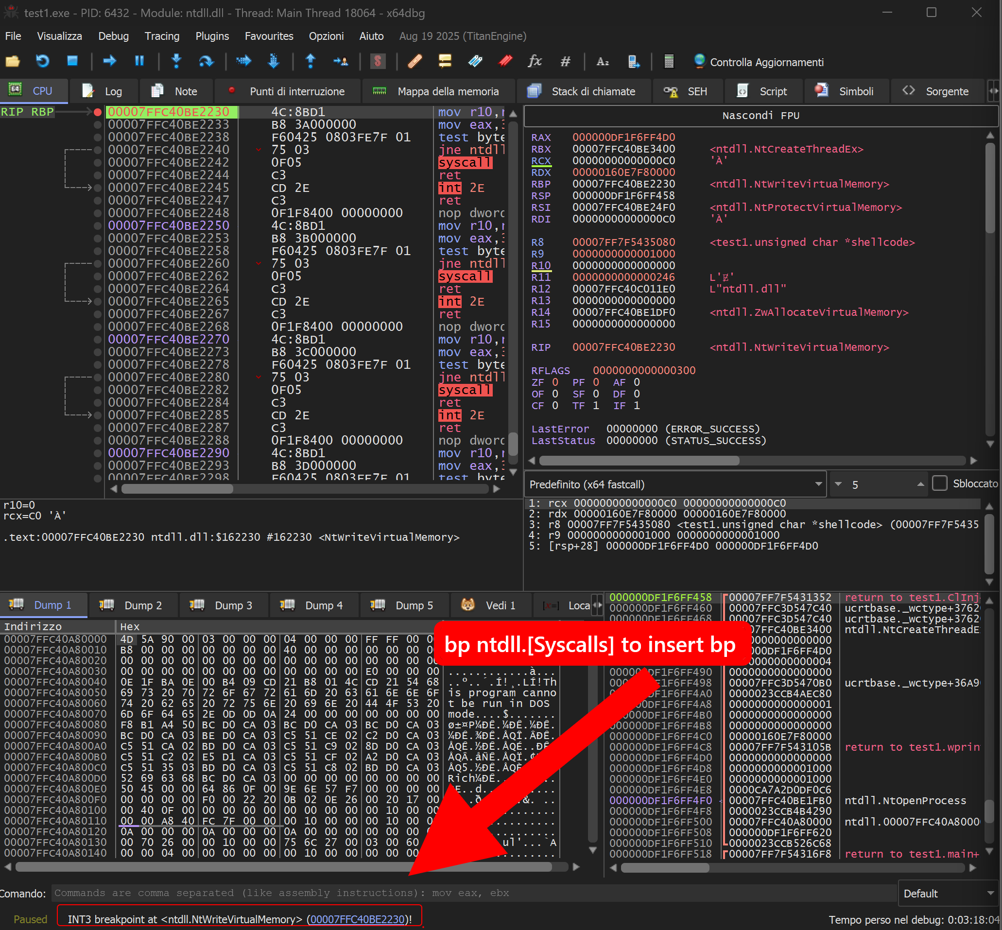 x64dbg stopped at NtWriteVirtualMemory stub — breakpoint set with bp ntdll.[Syscall], registers and stack visible before kernel transition