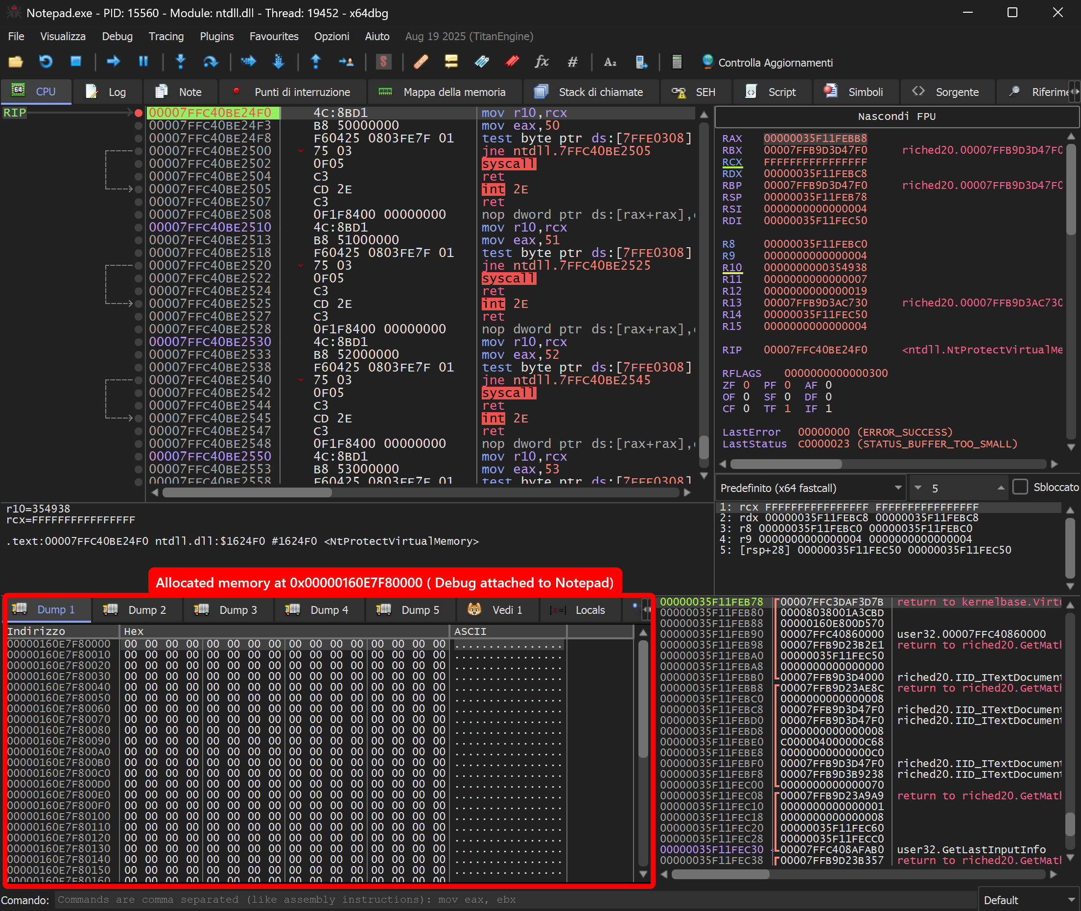 x64dbg attached to Notepad.exe — dump at 0x160E7F80000 showing zeroed RW region before write