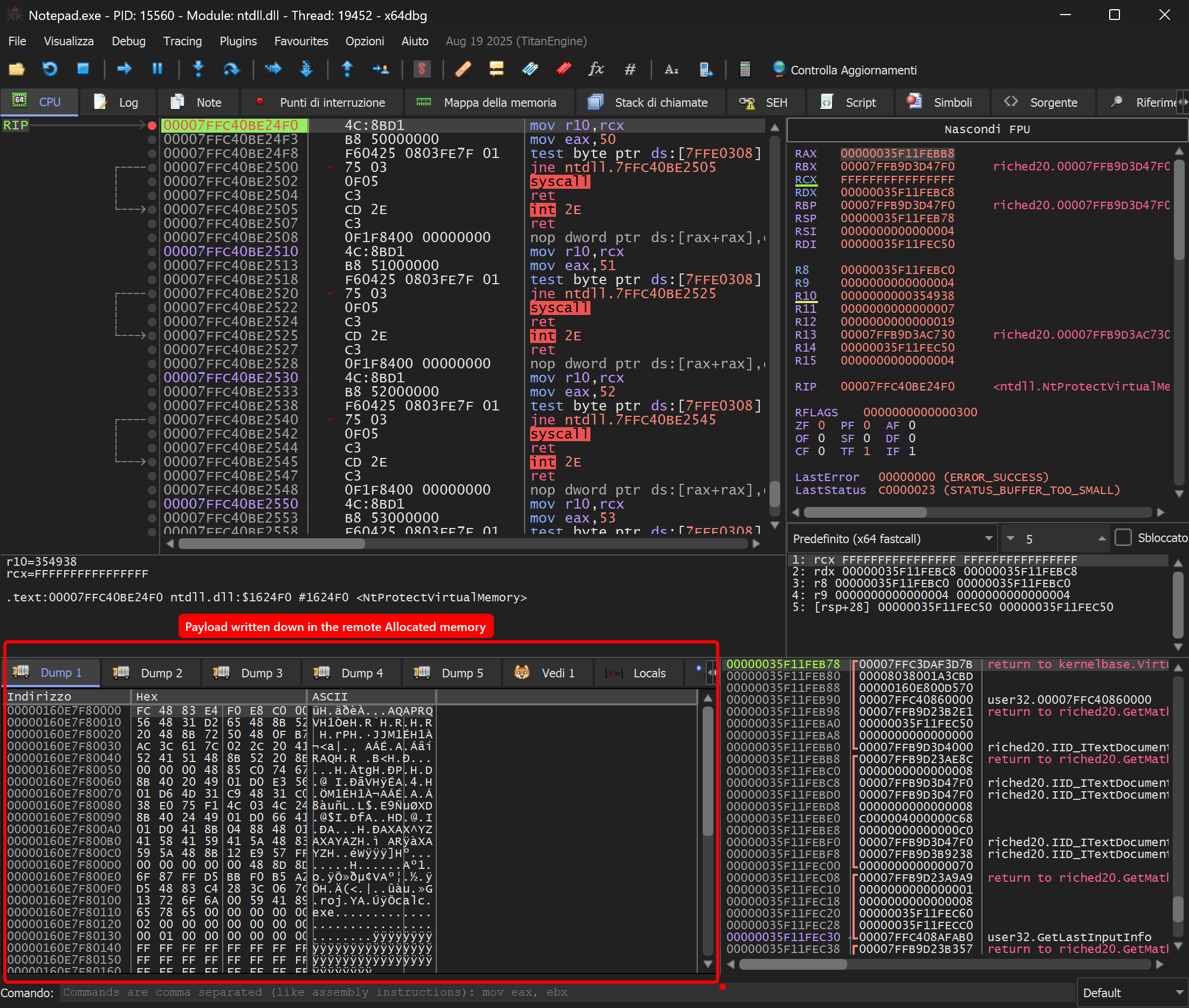 x64dbg — shellcode bytes written into Notepad&rsquo;s allocated region