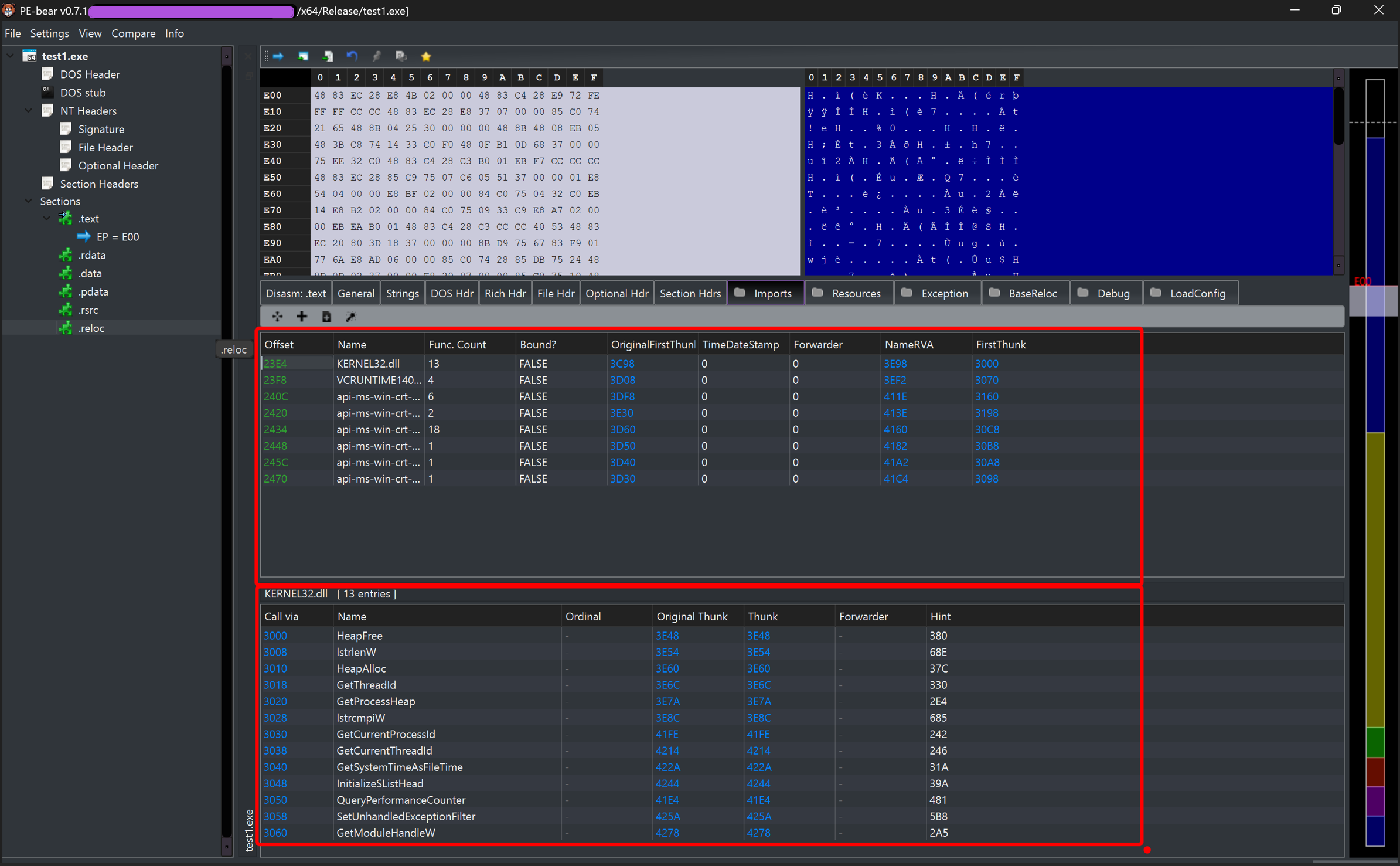 PE-Bear — import analysis: only KERNEL32.dll with benign heap functions. No ntdll.dll dependency, no Nt* function names anywhere in the binary. Hash values baked in .rdata as raw DWORDs
