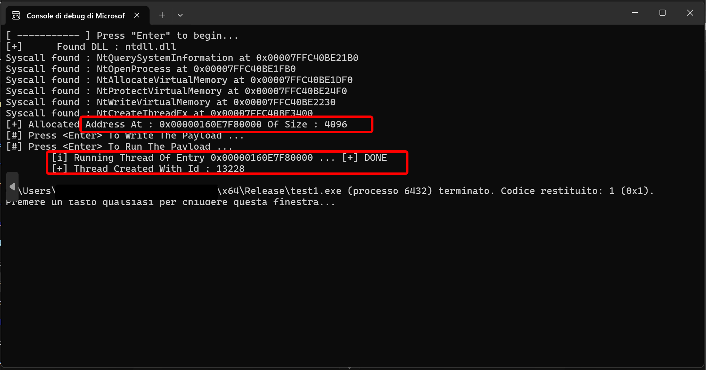 Injection complete: all syscalls resolved, memory allocated at 0x160E7F80000, thread spawned with TID 13228